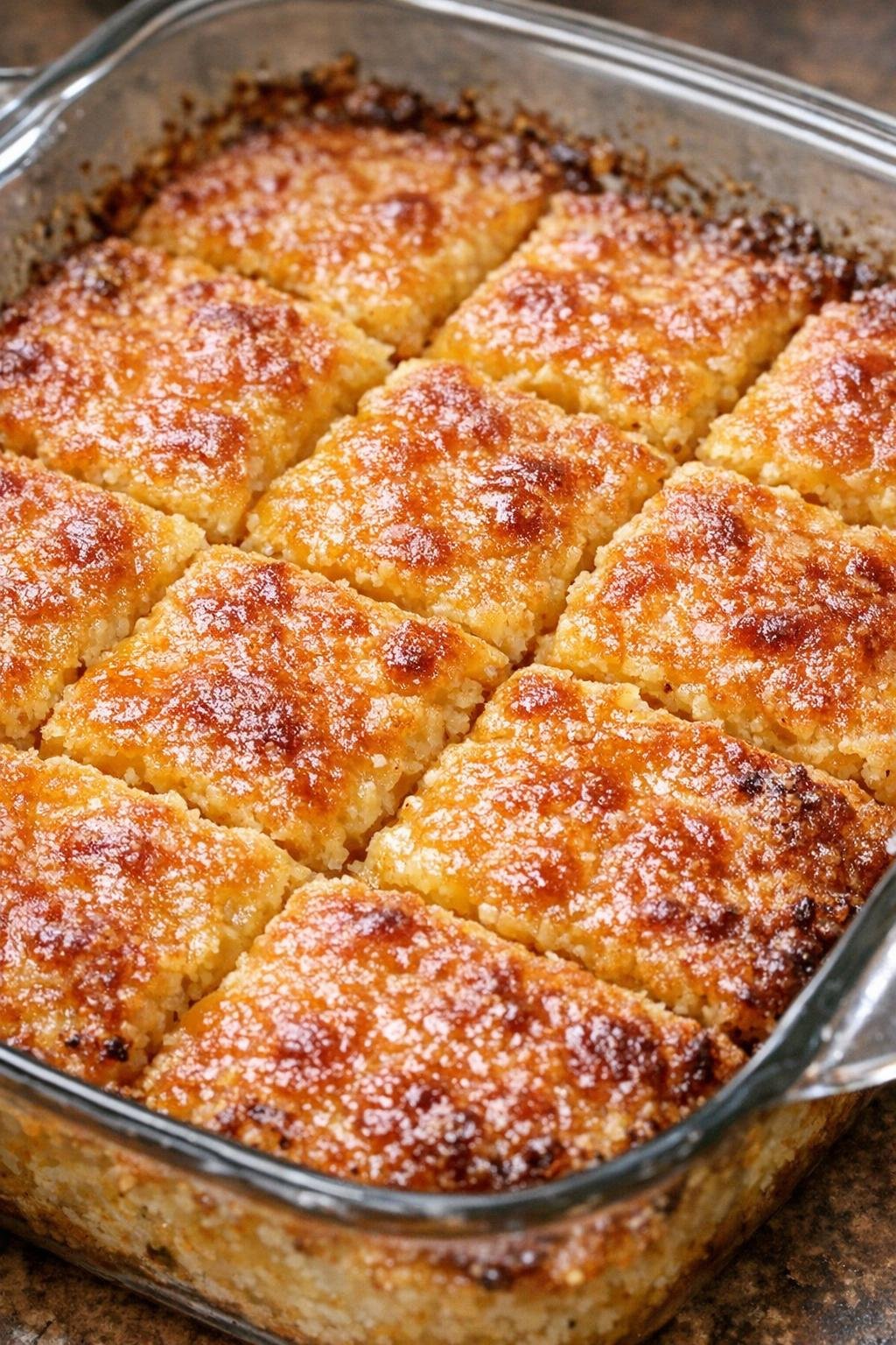 Southern 3-ingredient buttery cheese squares baked until golden in a glass casserole dish