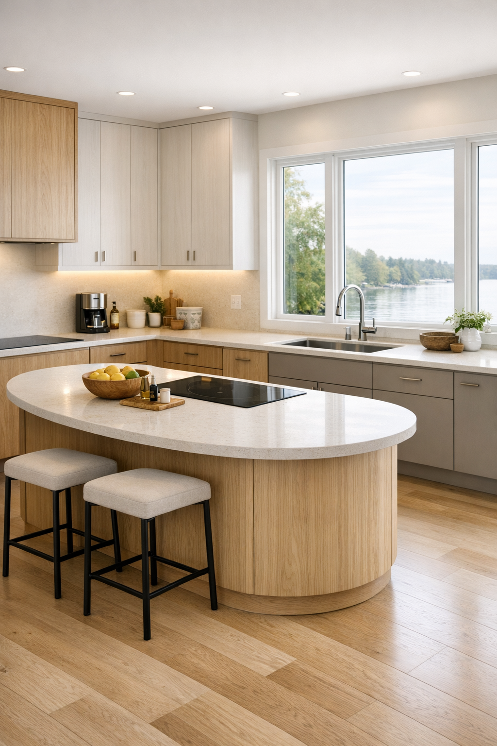 Family-friendly accessible kitchen with rounded island, white oak cabinetry, and bright water-facing windows