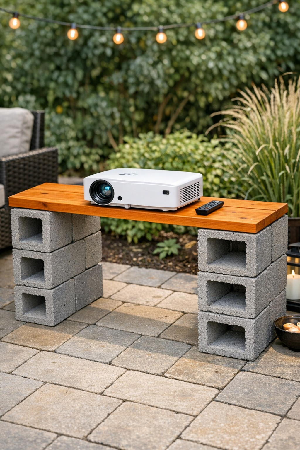 Finished backyard projector shelf made from a painted cedar plank wedged between stacked gray cinder blocks