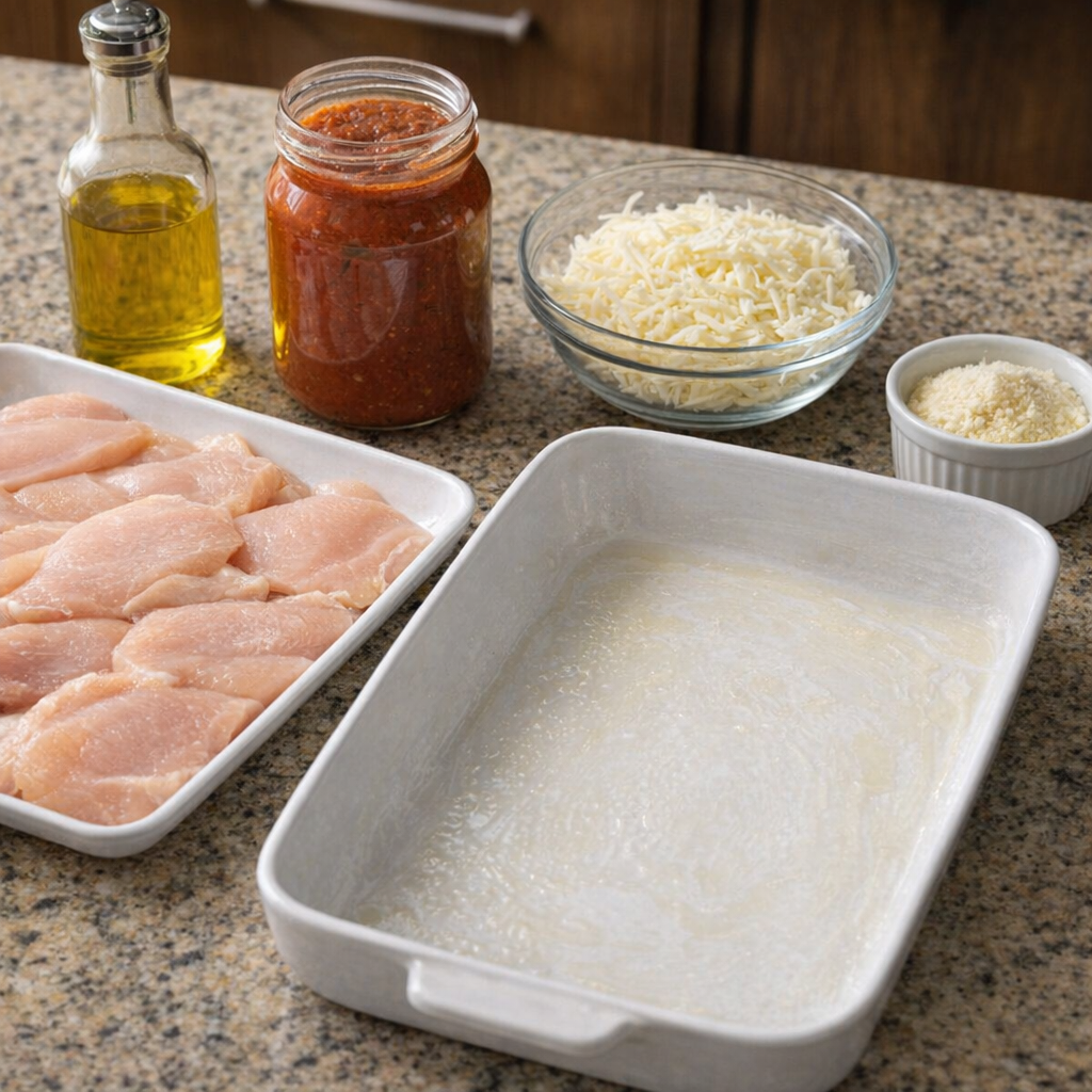 Simple chicken Parmesan ingredients on a kitchen counter