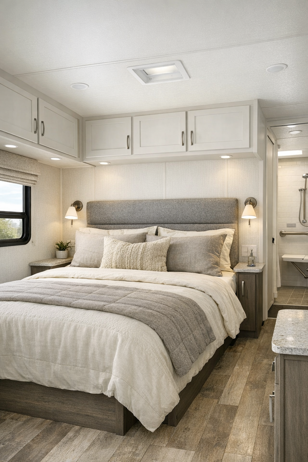 Calm RV bedroom with gray upholstered headboard and light neutral bedding