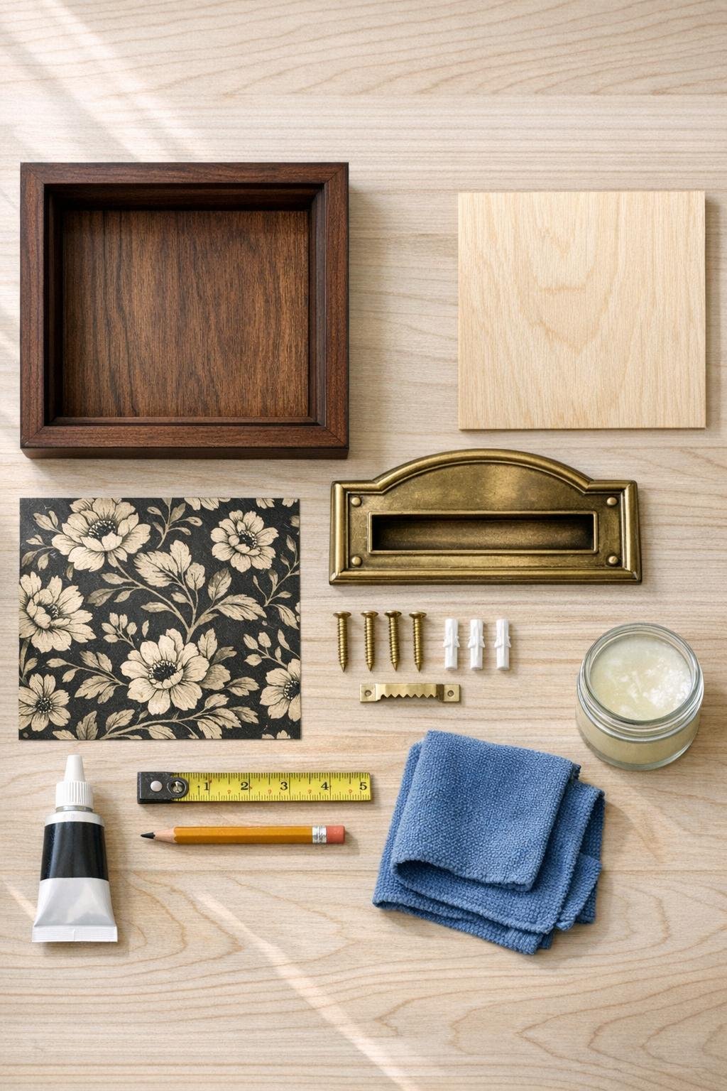 Materials laid out for a shadow box frame mail slot project