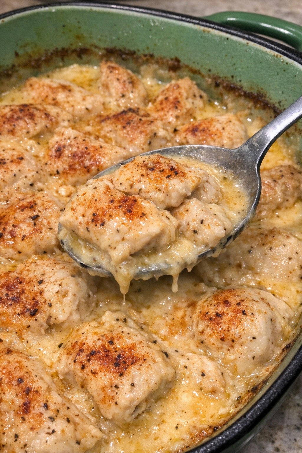 Tender chicken pieces in creamy golden sauce