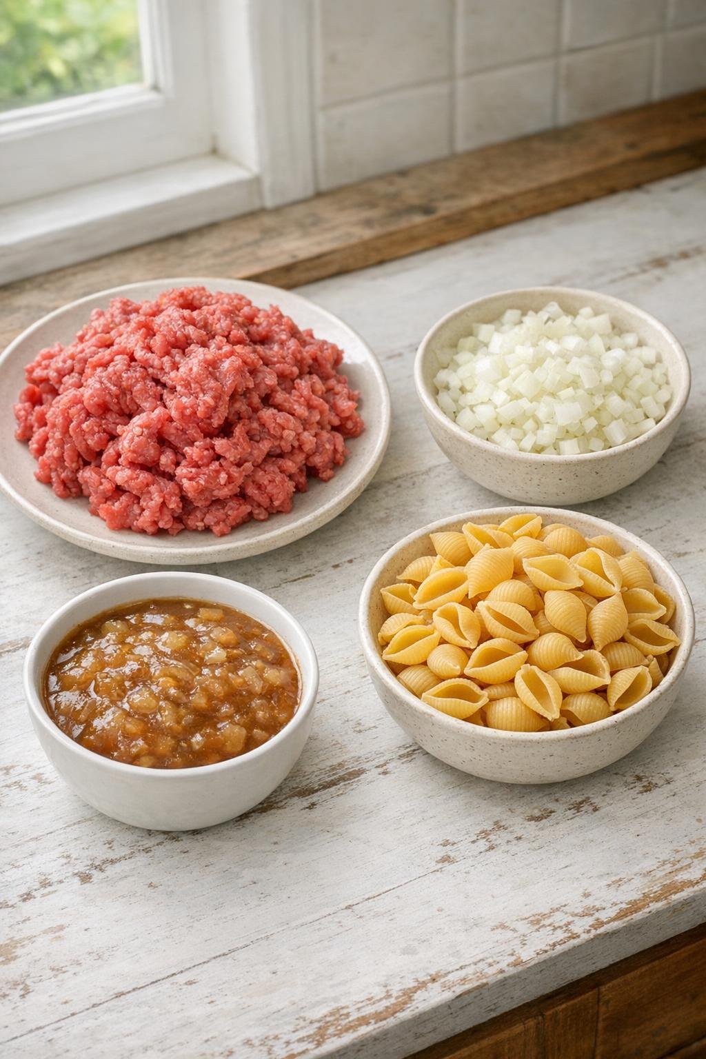 Rundergehakt, gehakte ui, gecondenseerde soep en pastaschelpen