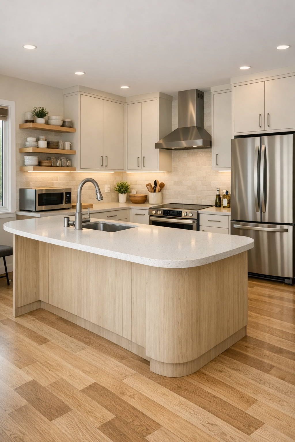 Modern accessible kitchen with creamy cabinetry, quartz counters, and a rounded island