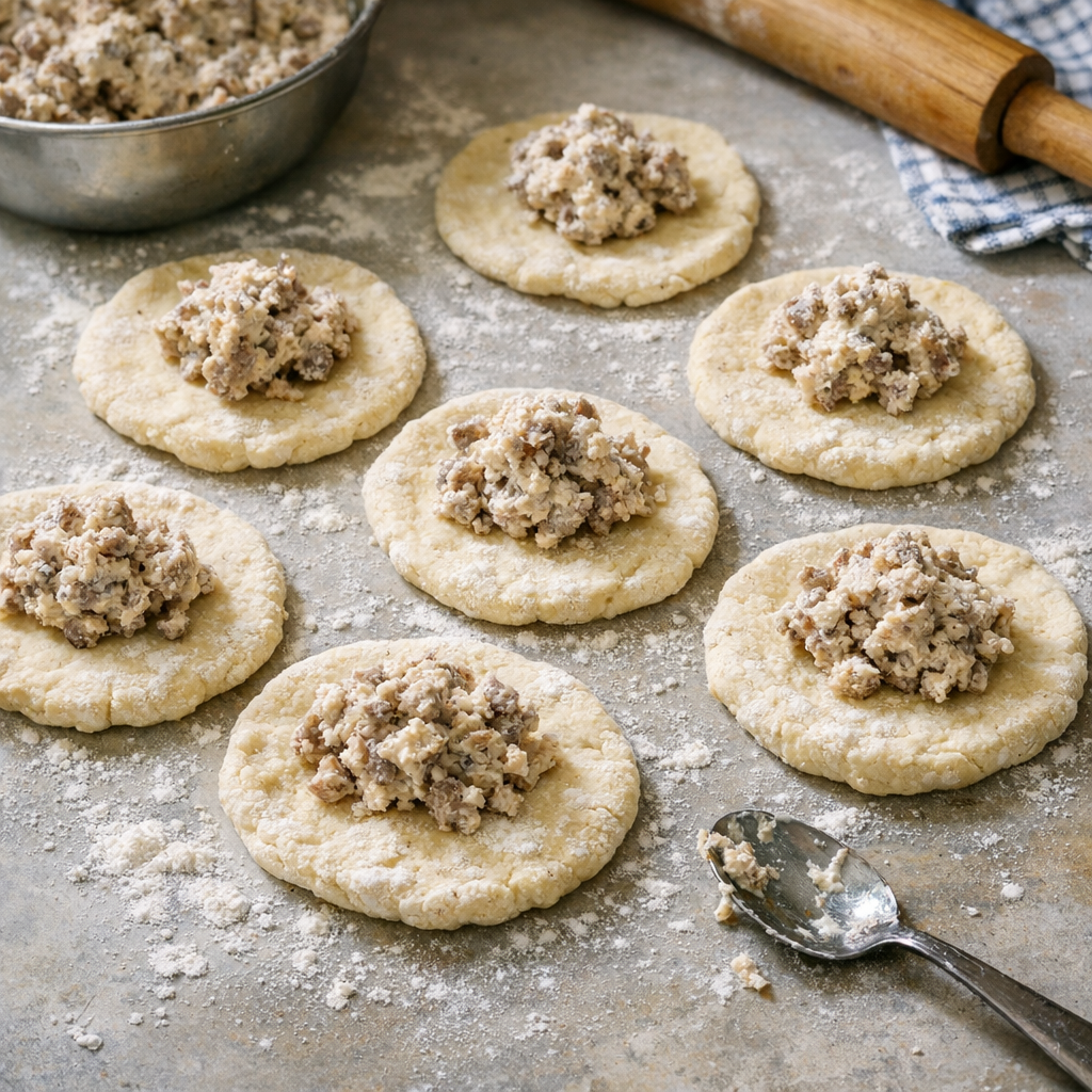 Flattened biscuit rounds filled with sausage mixture