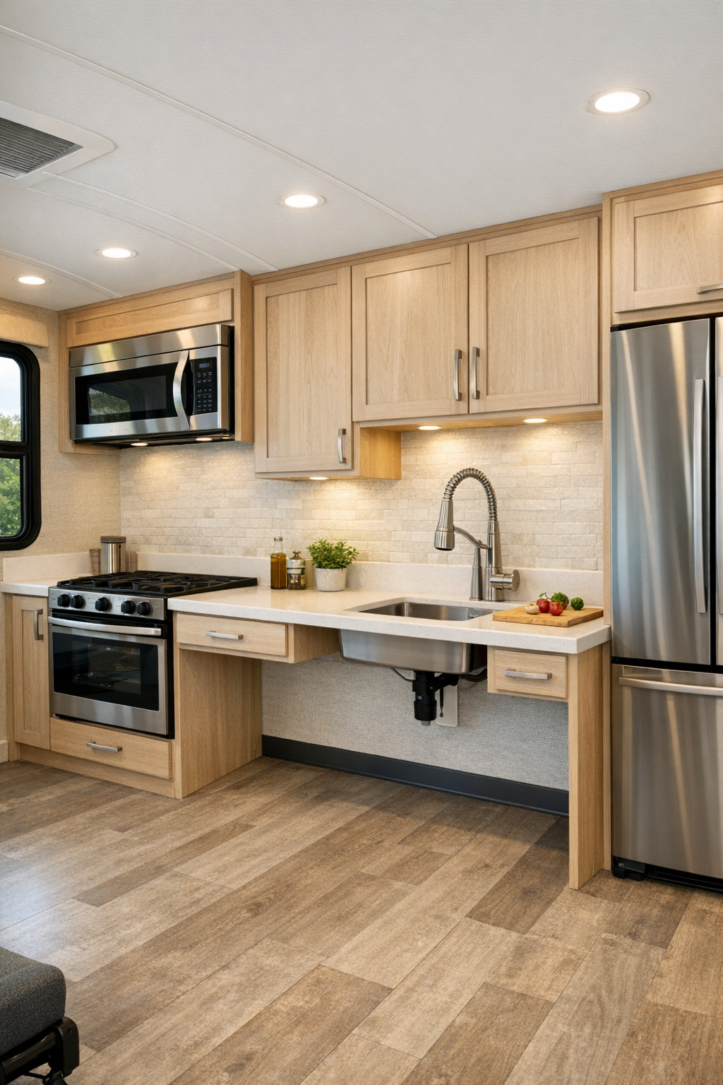 Accessible RV kitchen with pale wood cabinets and bright solid-surface counters