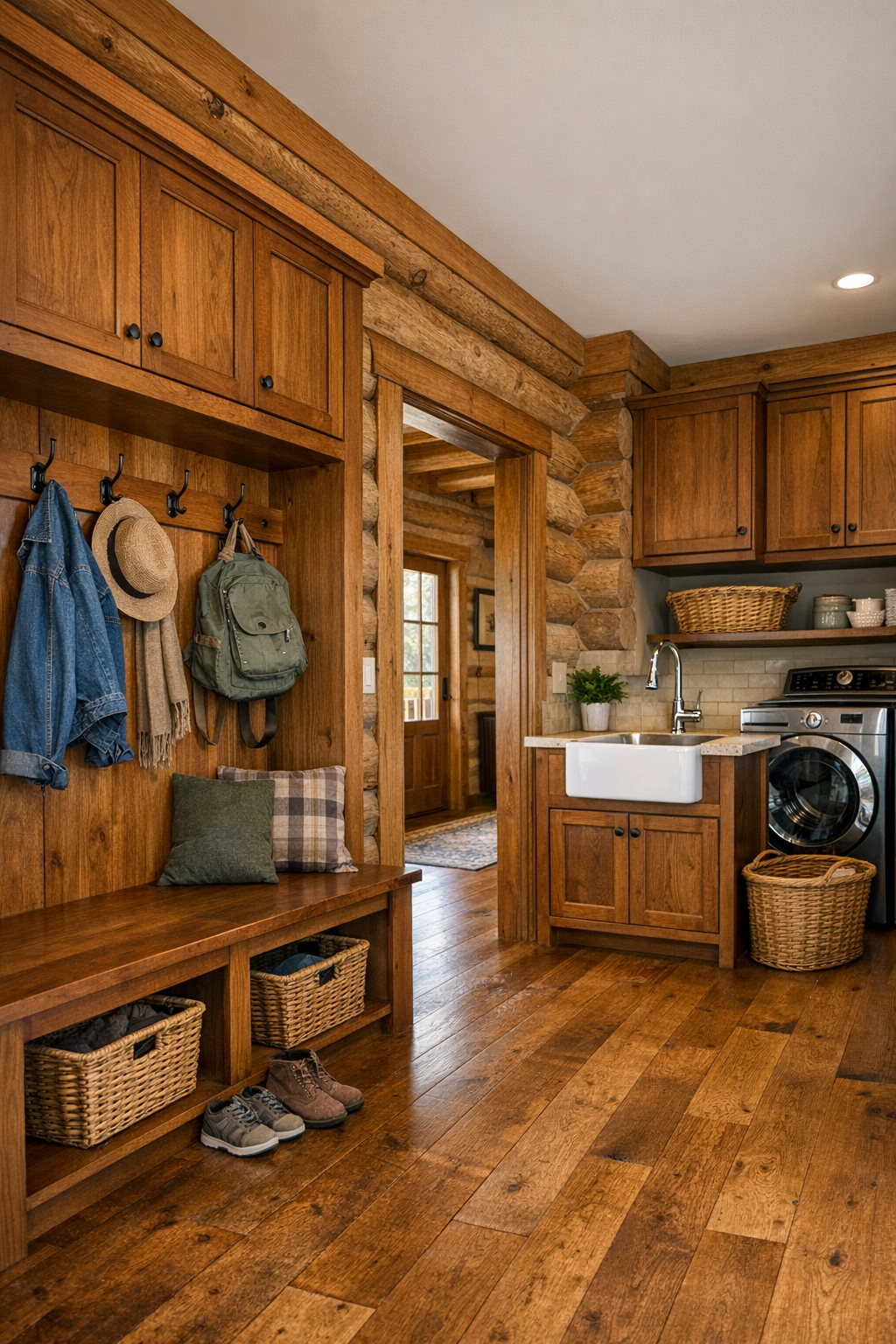 Practical mudroom and hallway with built-in bench, wood cabinetry, and warm handcrafted details