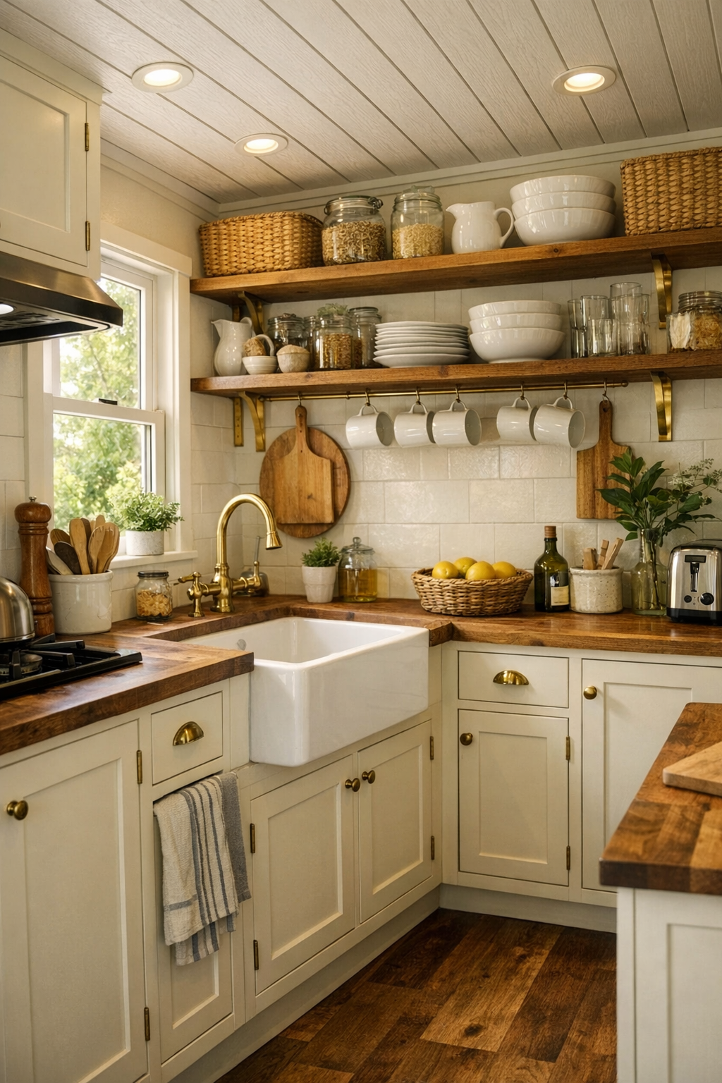 Warm cream tiny home kitchen with inset cabinets, butcher block counters, and a farmhouse sink