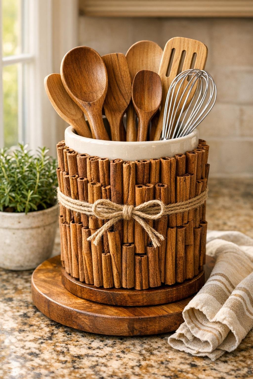 Finished kitchen utensil crock made from a cream ceramic flower vase wrapped with cinnamon sticks on a wooden lazy susan