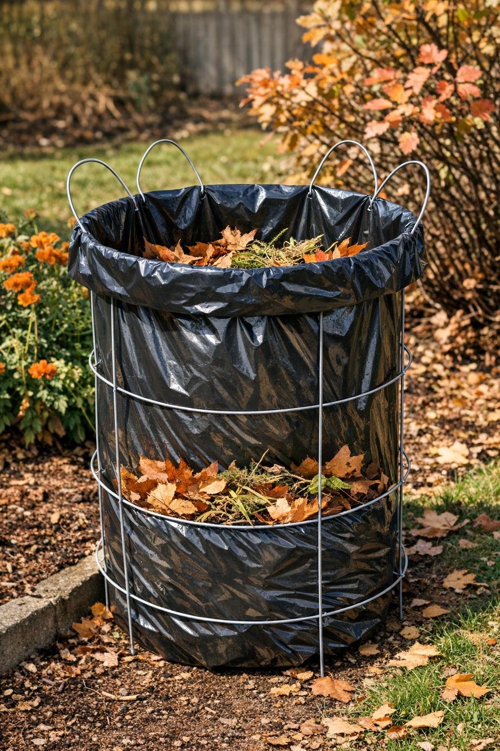 Finished DIY fall garden debris collection bin in use outdoors