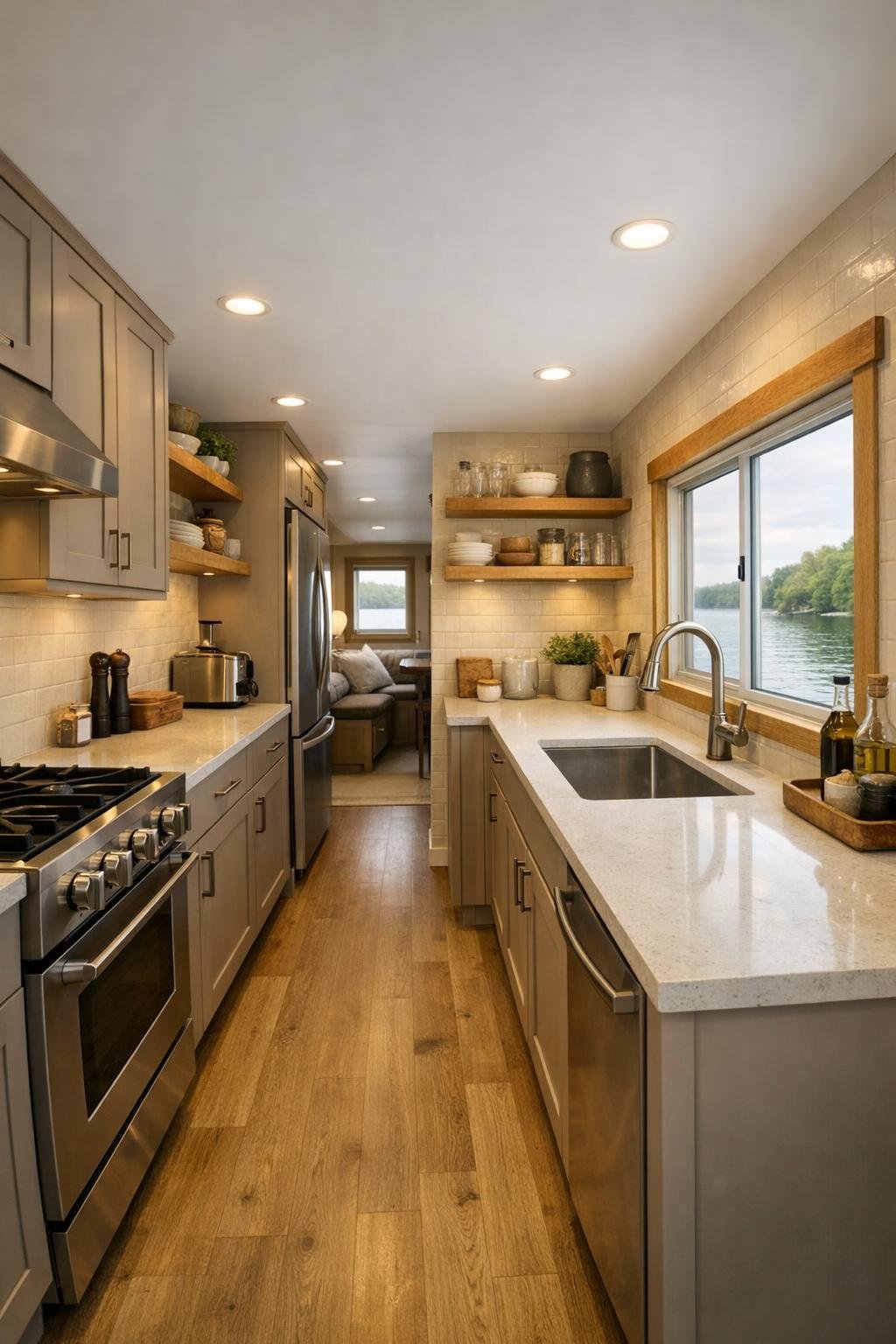 Warm modern houseboat kitchen with mushroom cabinets and quartz counters