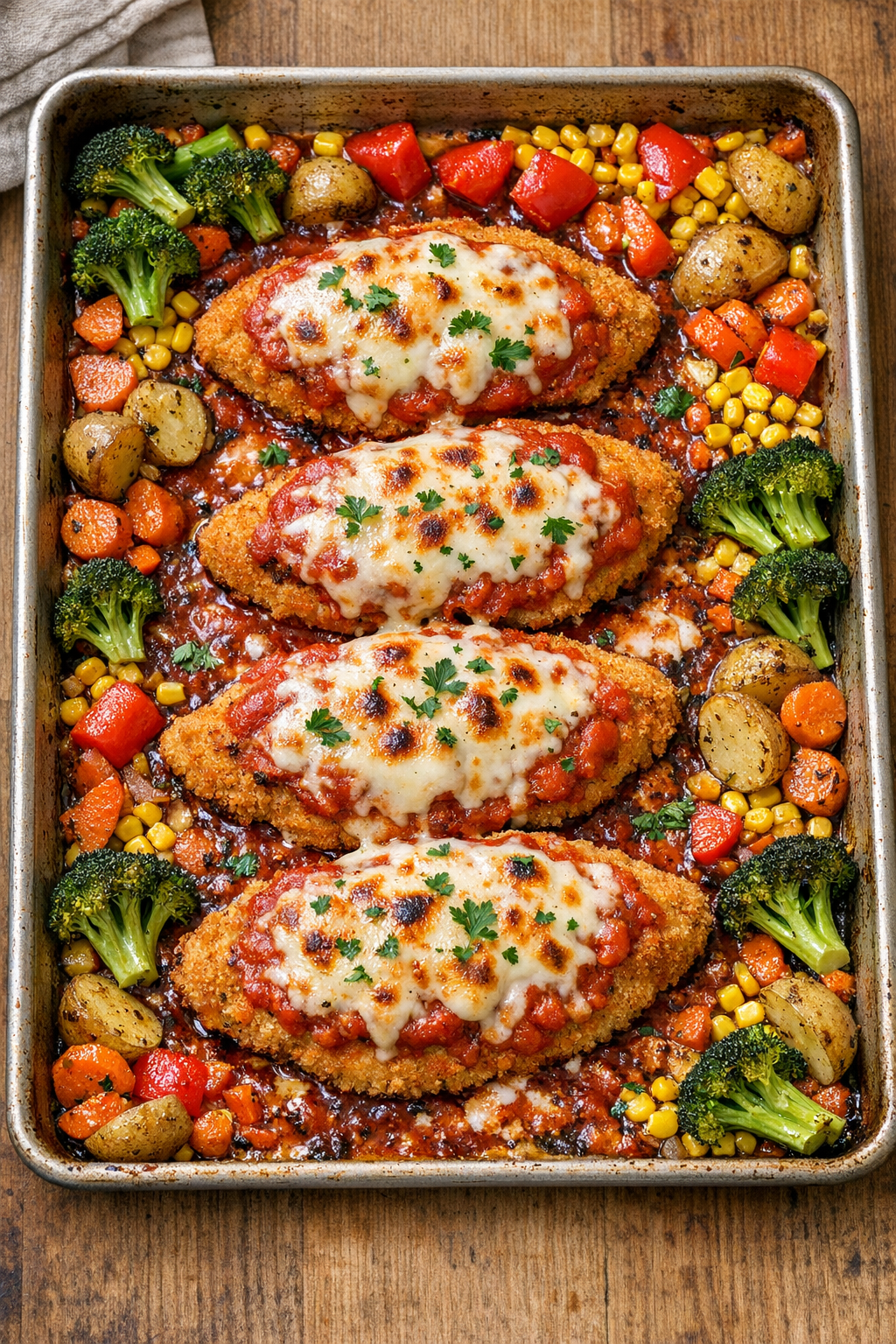 Finished baked breaded chicken with sauce and melted cheese