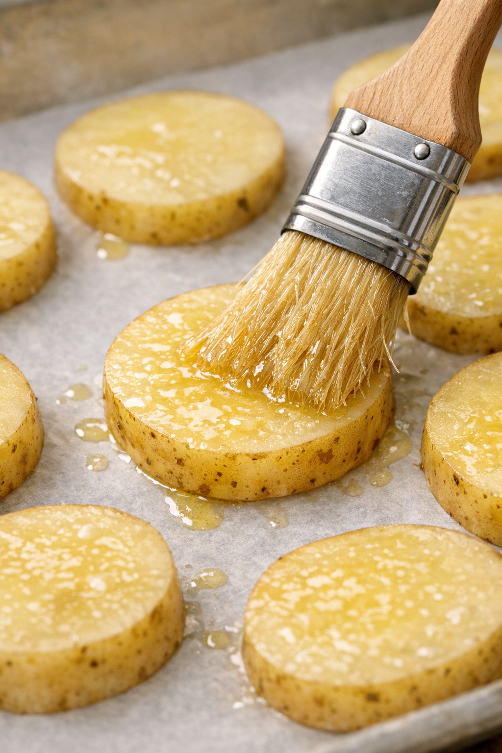 Butter brushed potato rounds on baking sheet