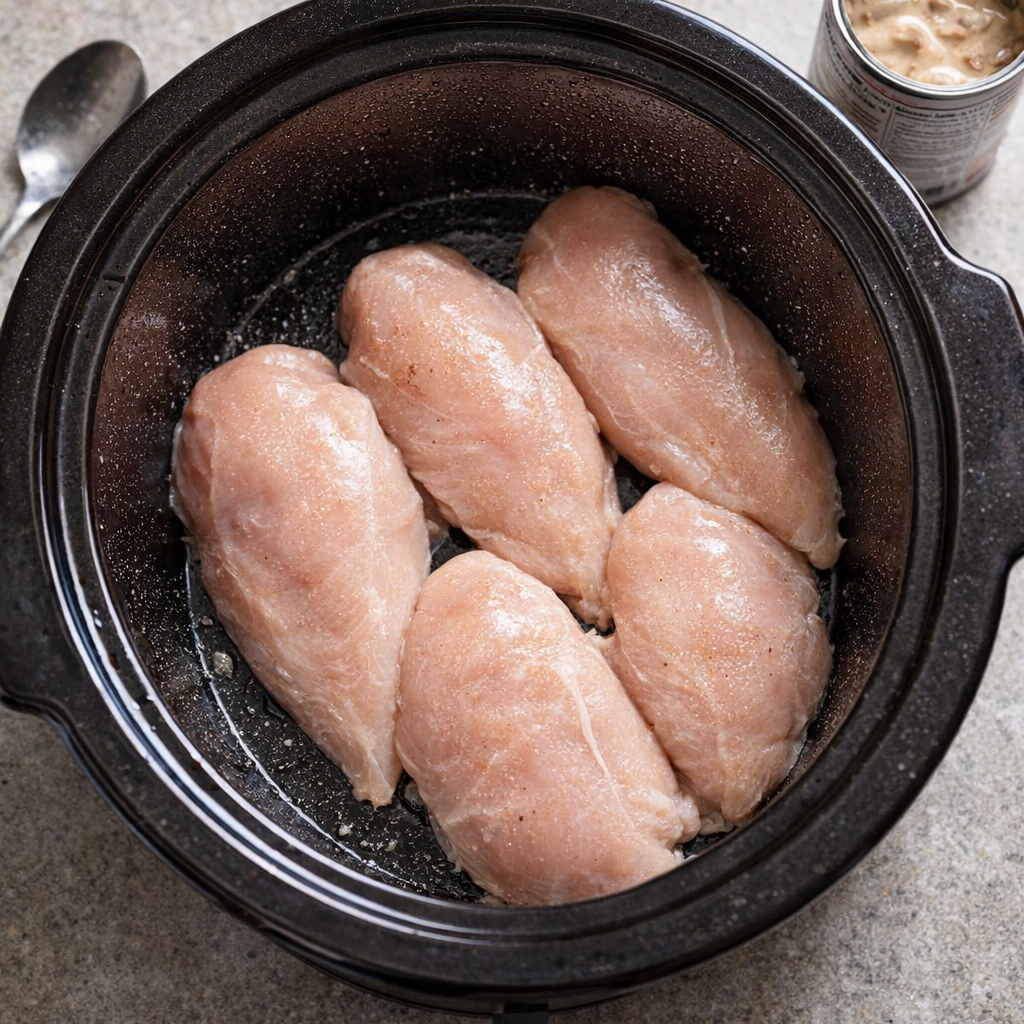 Chicken breasts arranged in a slow cooker before cooking