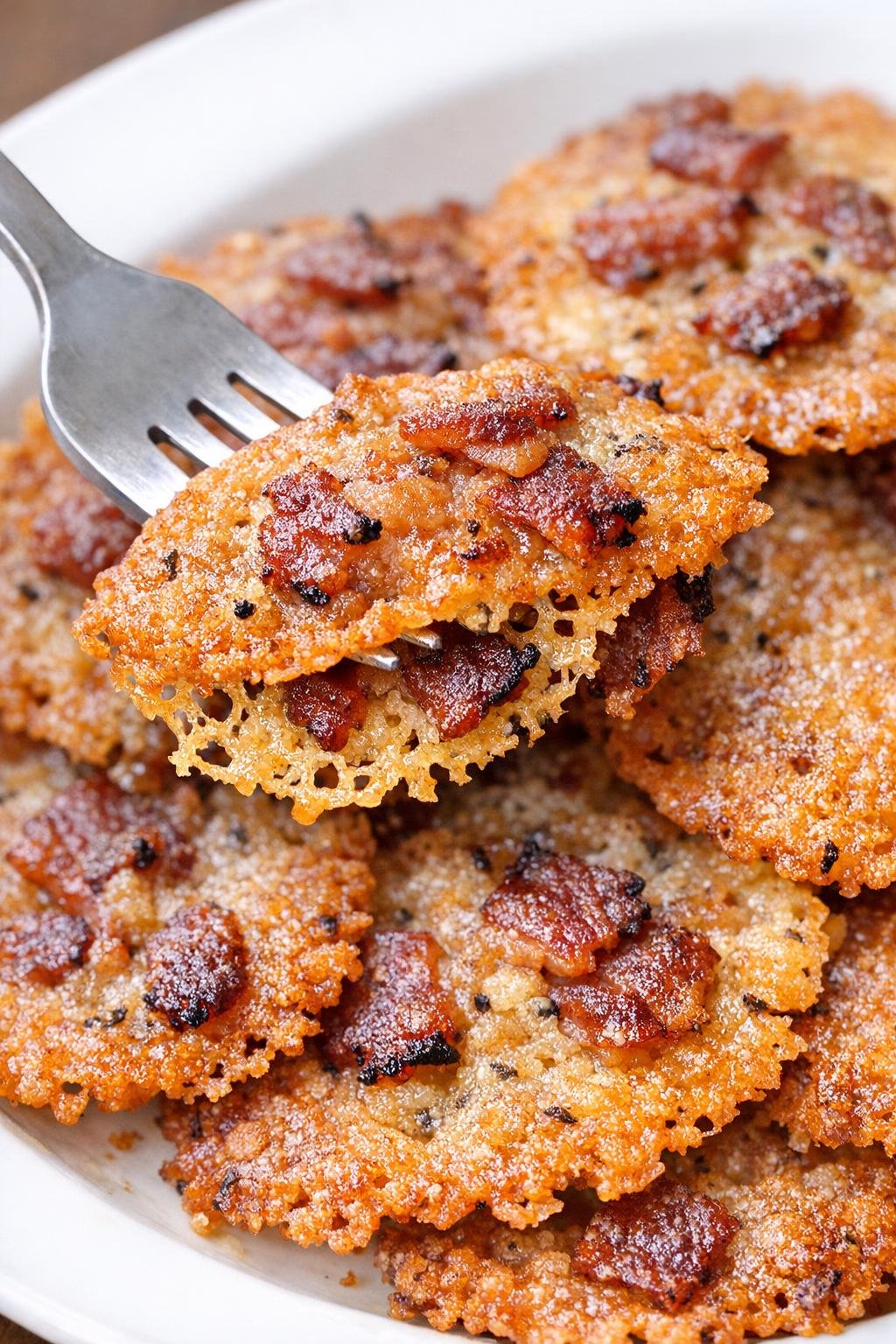 Low carb 3-ingredient bacon dunlap crisps on a white serving platter