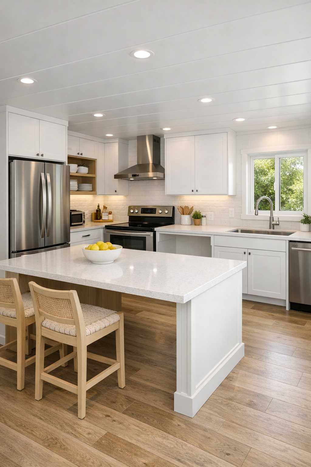 Accessible white kitchen with broad work aisles and a bright island