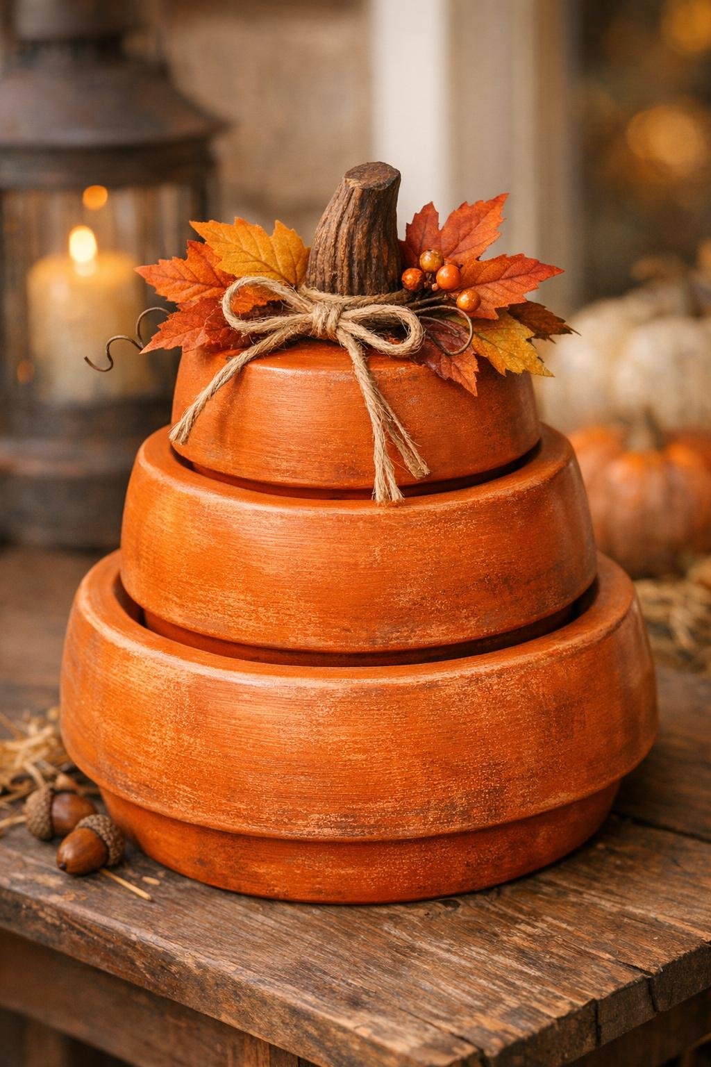 Finished stacked pumpkin decor made from clay saucers