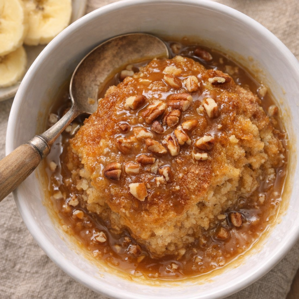 Butterscotch pudding cake topped with chopped pecans