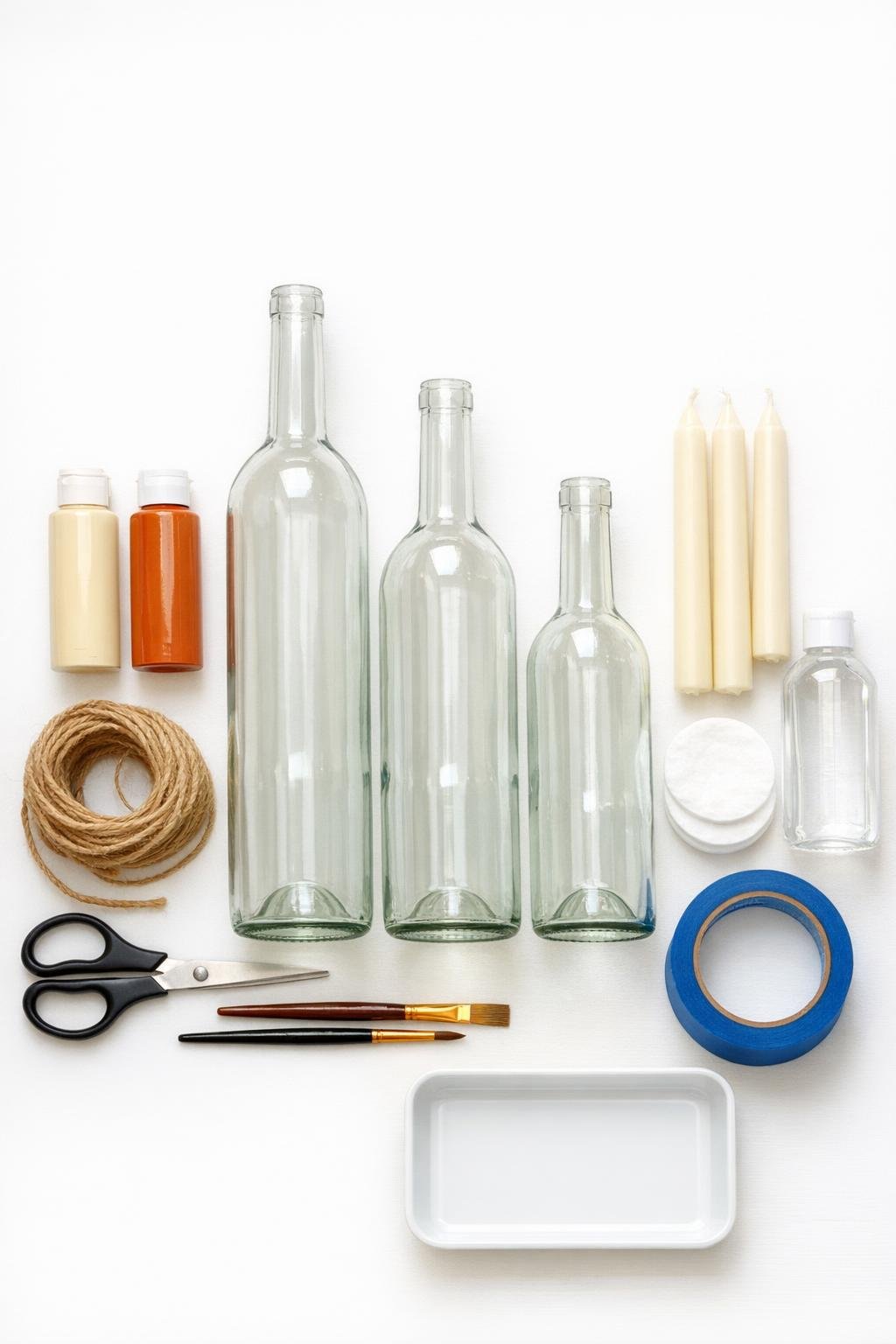 Materials laid out for making fall candle holders from wine bottles