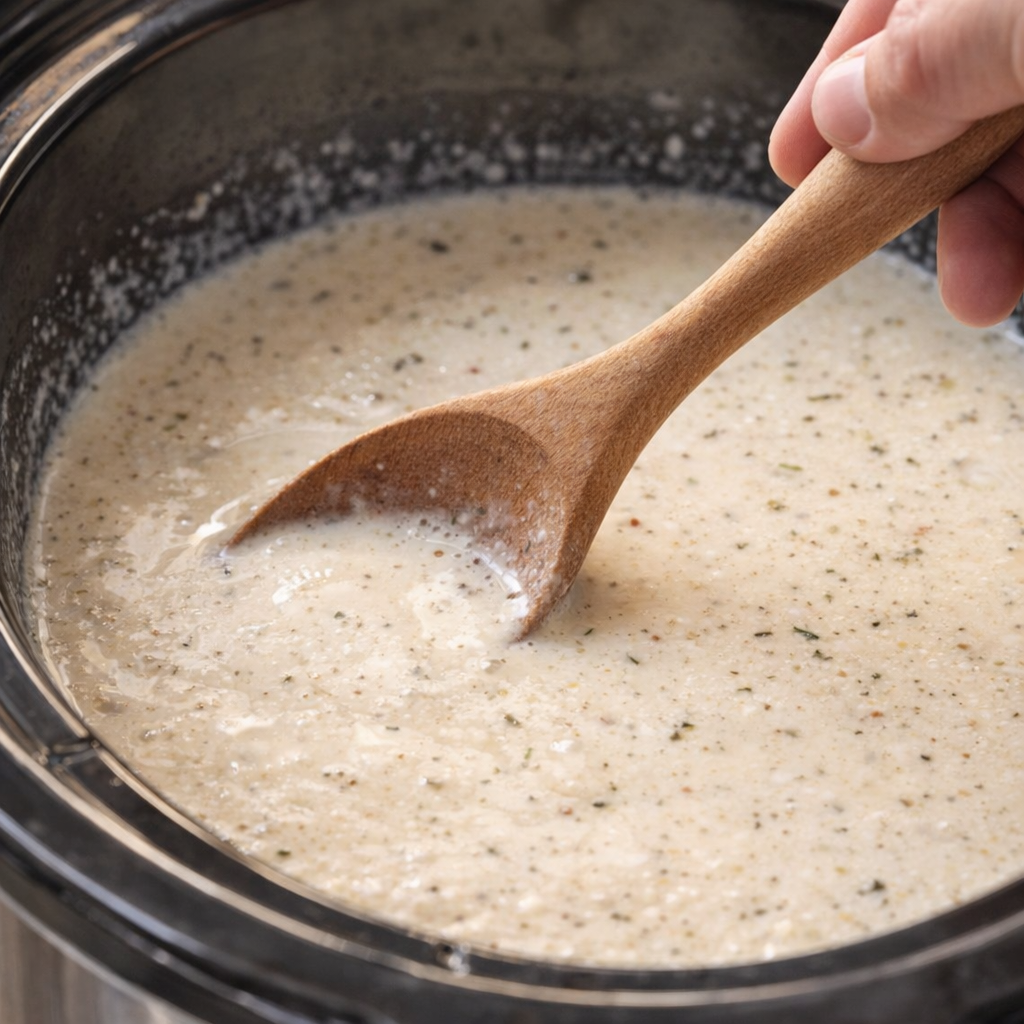 Ranch cream mixture being stirred in a slow cooker