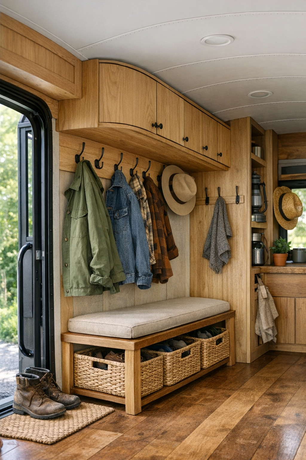 Functional entry and storage area inside a converted bus with built-in hooks, bench, and baskets