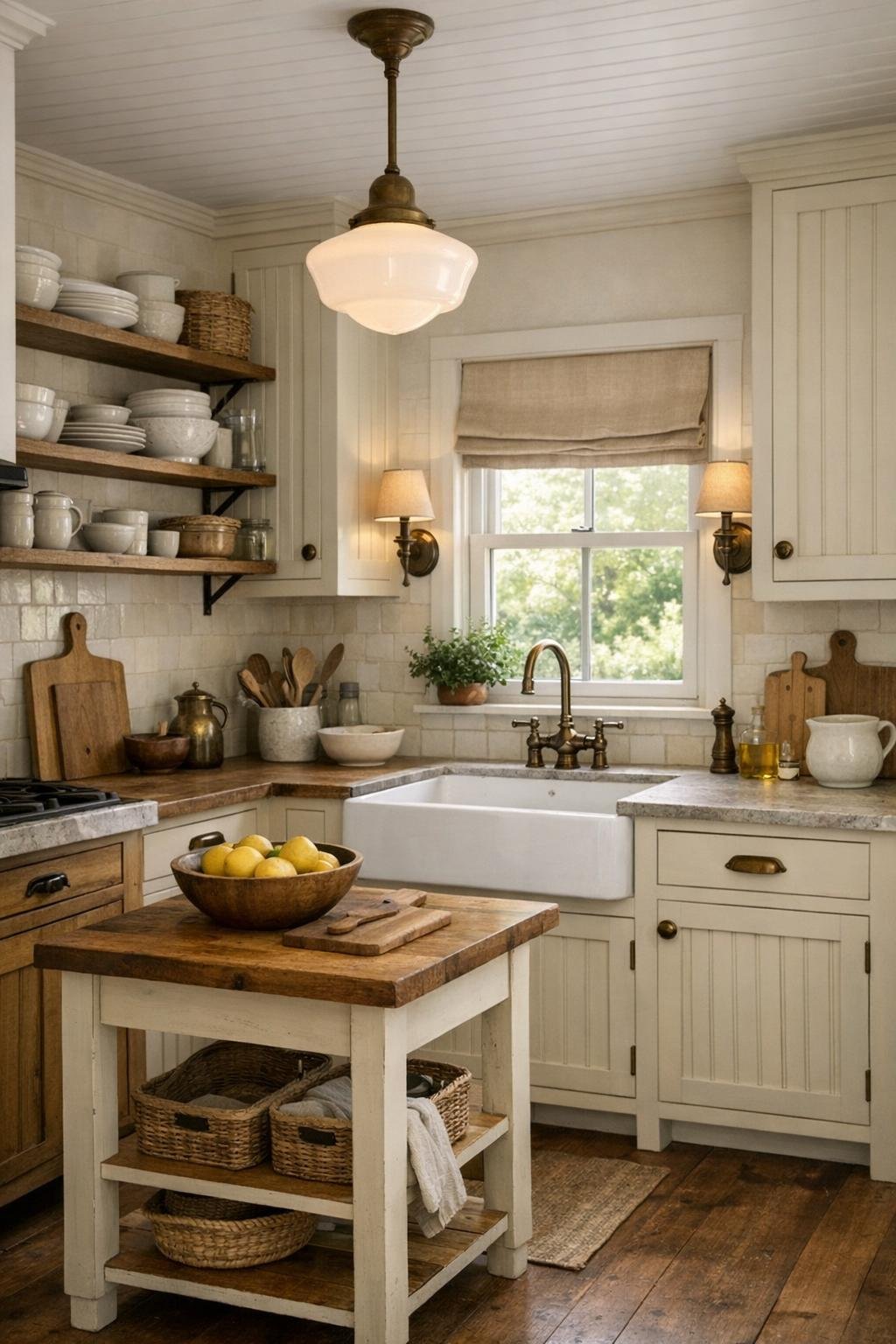 Compact cottage kitchen with putty cabinets and apron-front sink