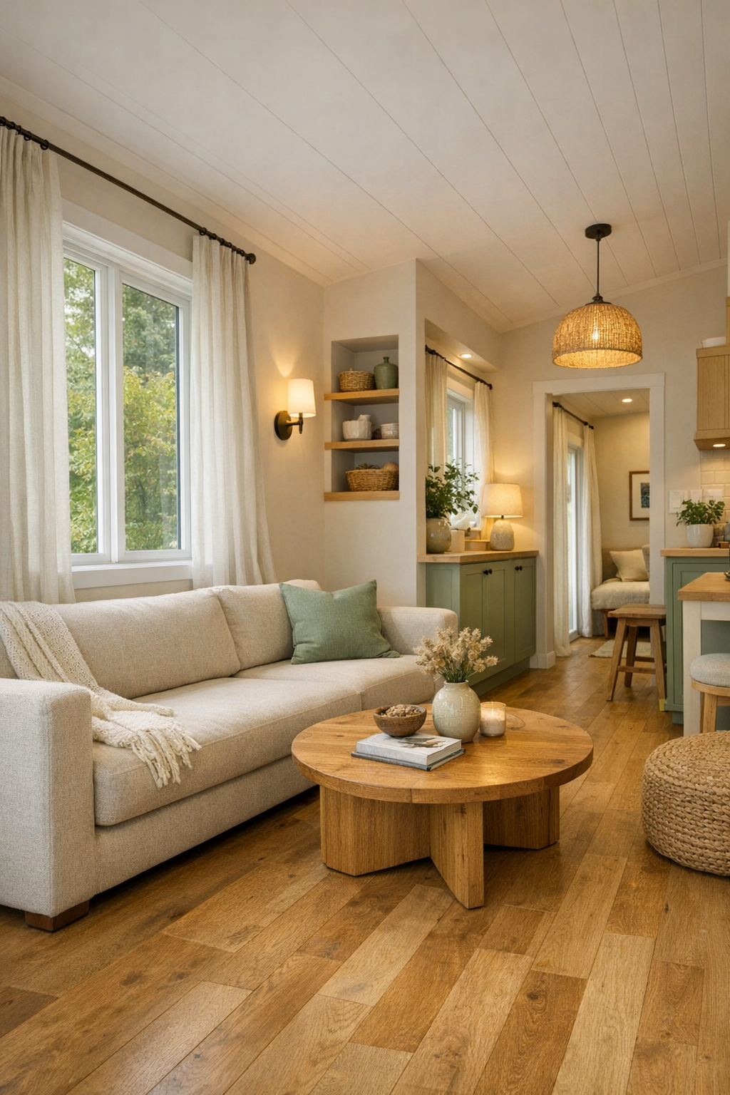 Accessible tiny home living room with sage accents and oak finishes