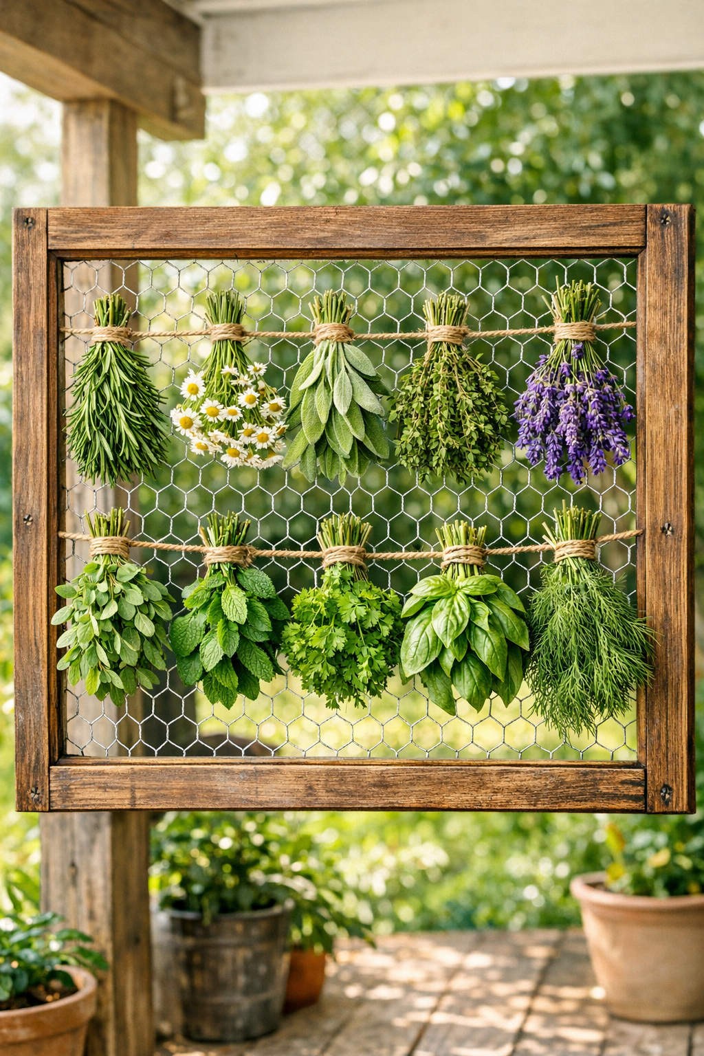 Completed outdoor herb drying rack made from a vintage wooden window frame and chicken wire