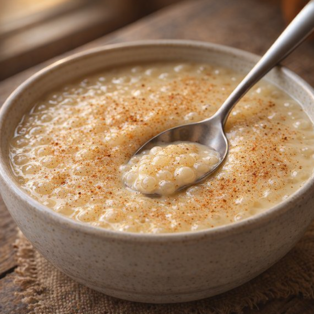 Finished tapioca pudding with nutmeg and a spoon ready to serve