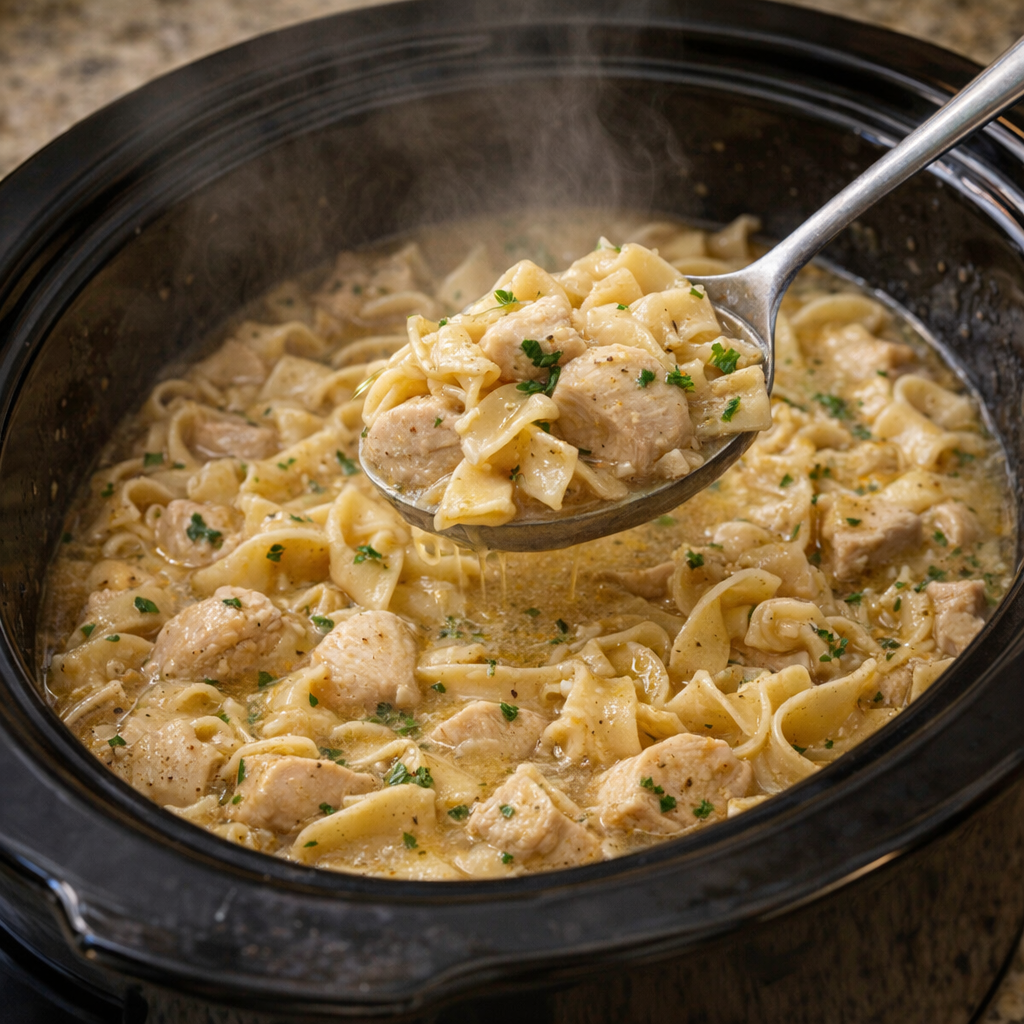 Finished garlic butter chicken noodles ready to serve