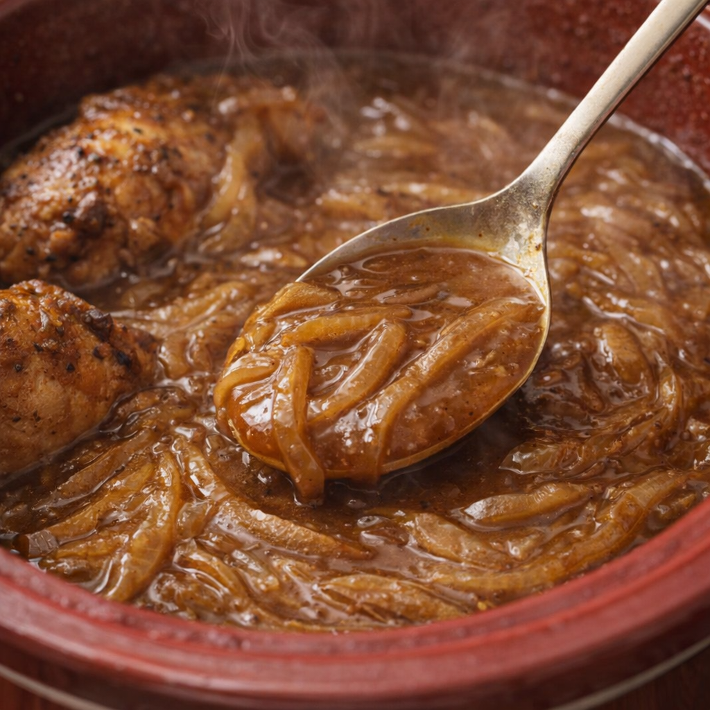 Onion gravy being stirred in the slow cooker