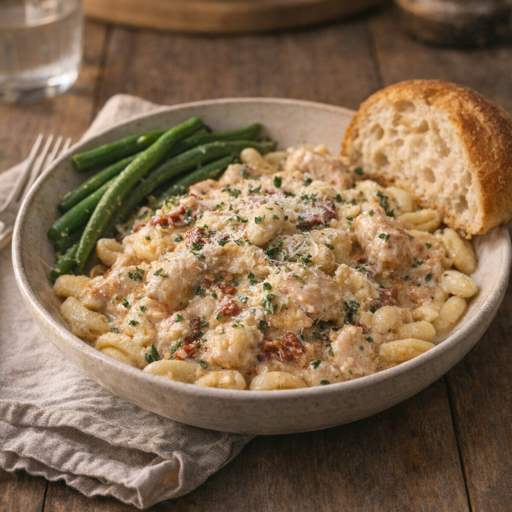Creamy cavatelli served with green beans and bread