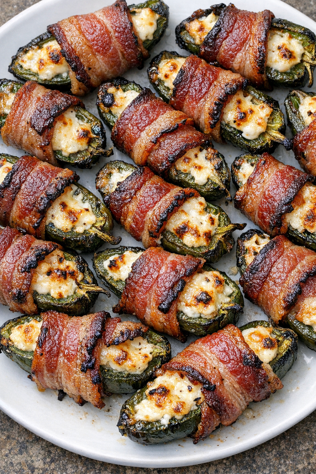 Finished bacon jalapeno bombs on a platter