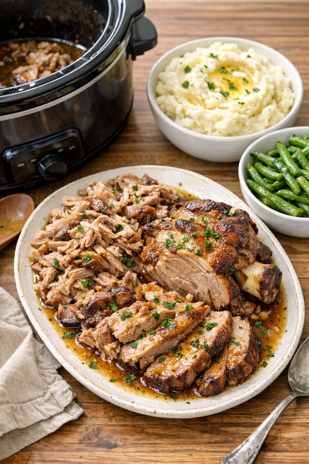 Finished slow cooker pork picnic roast on a platter