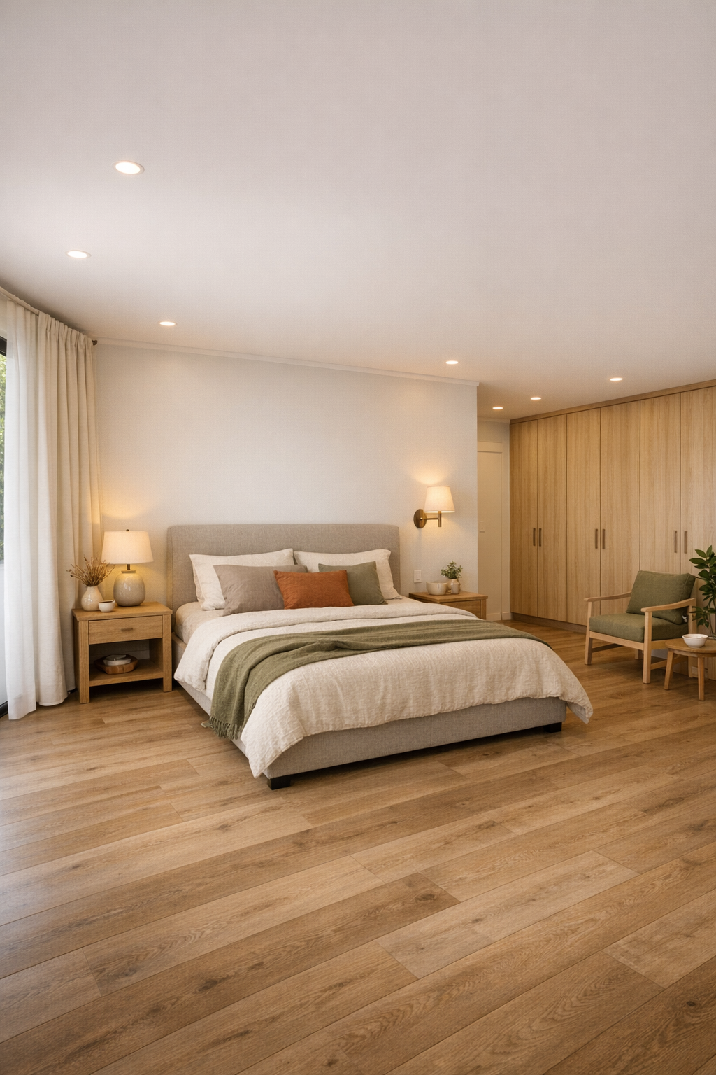 Serene accessible bedroom with upholstered bed, warm neutrals, and built-in storage