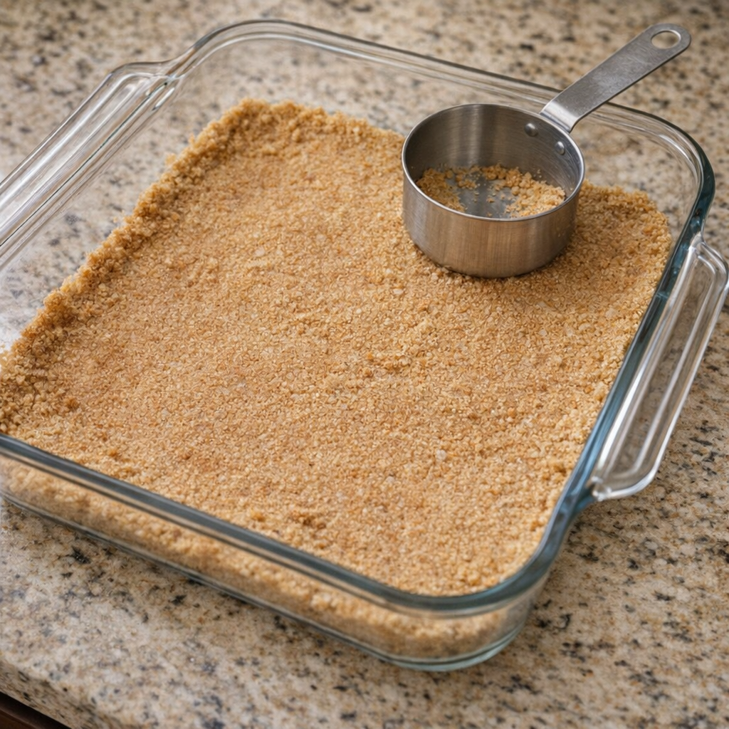 Graham cracker crust pressed into a glass baking dish