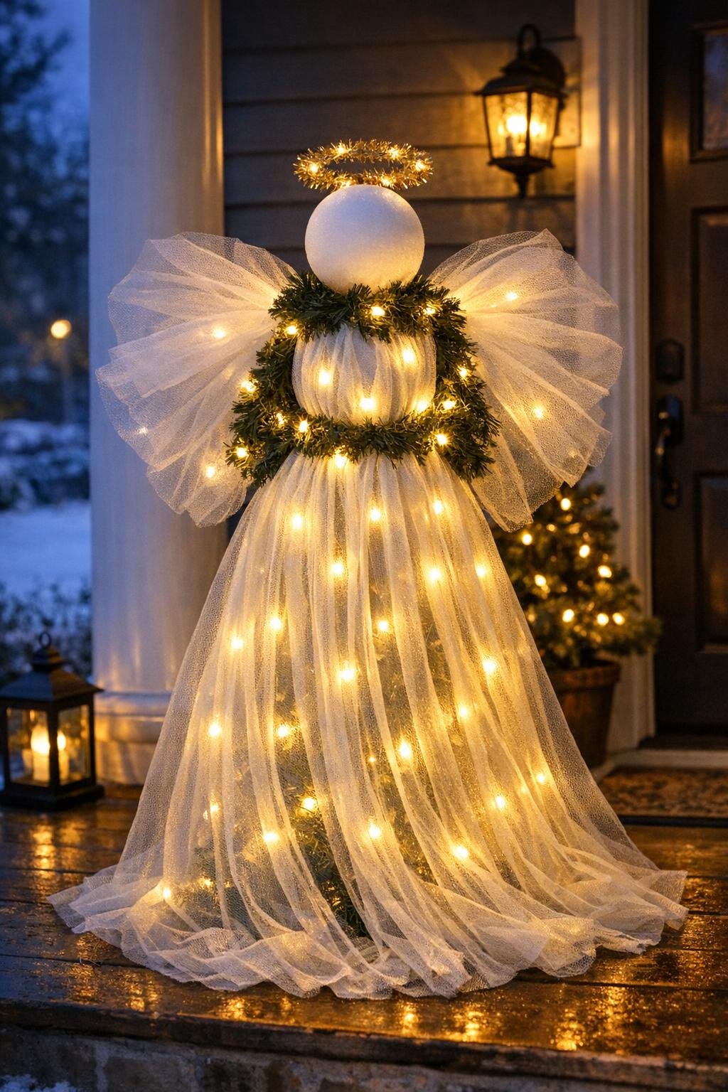 Finished glowing Christmas porch angel made from a tomato cage