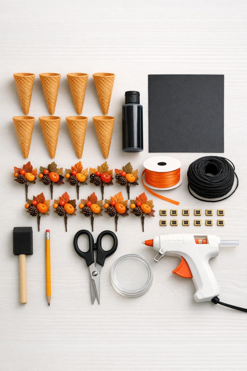Materials laid out for making mini witch hats from sugar cones
