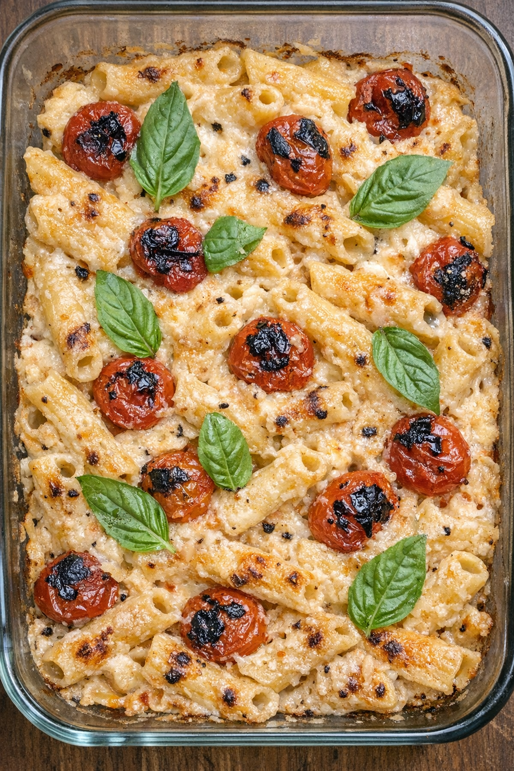 Creamy baked ziti with charred cherry tomatoes and fresh basil in a glass baking dish