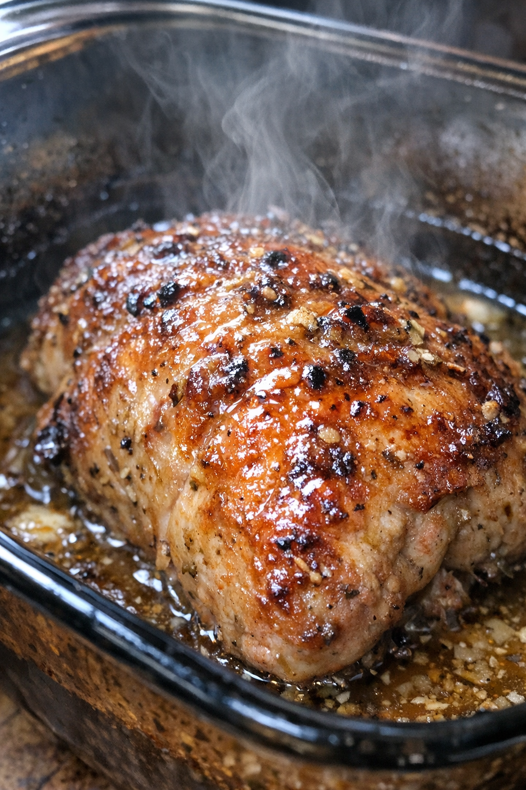 Succulent roasted protein in a dark glass casserole dish
