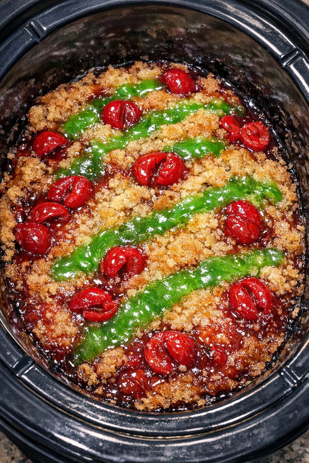 Slow cooker cherry limeade dump cake in a black slow cooker