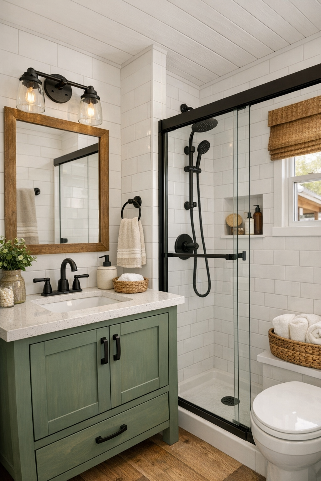 Compact farmhouse bathroom with white tile and black fixtures