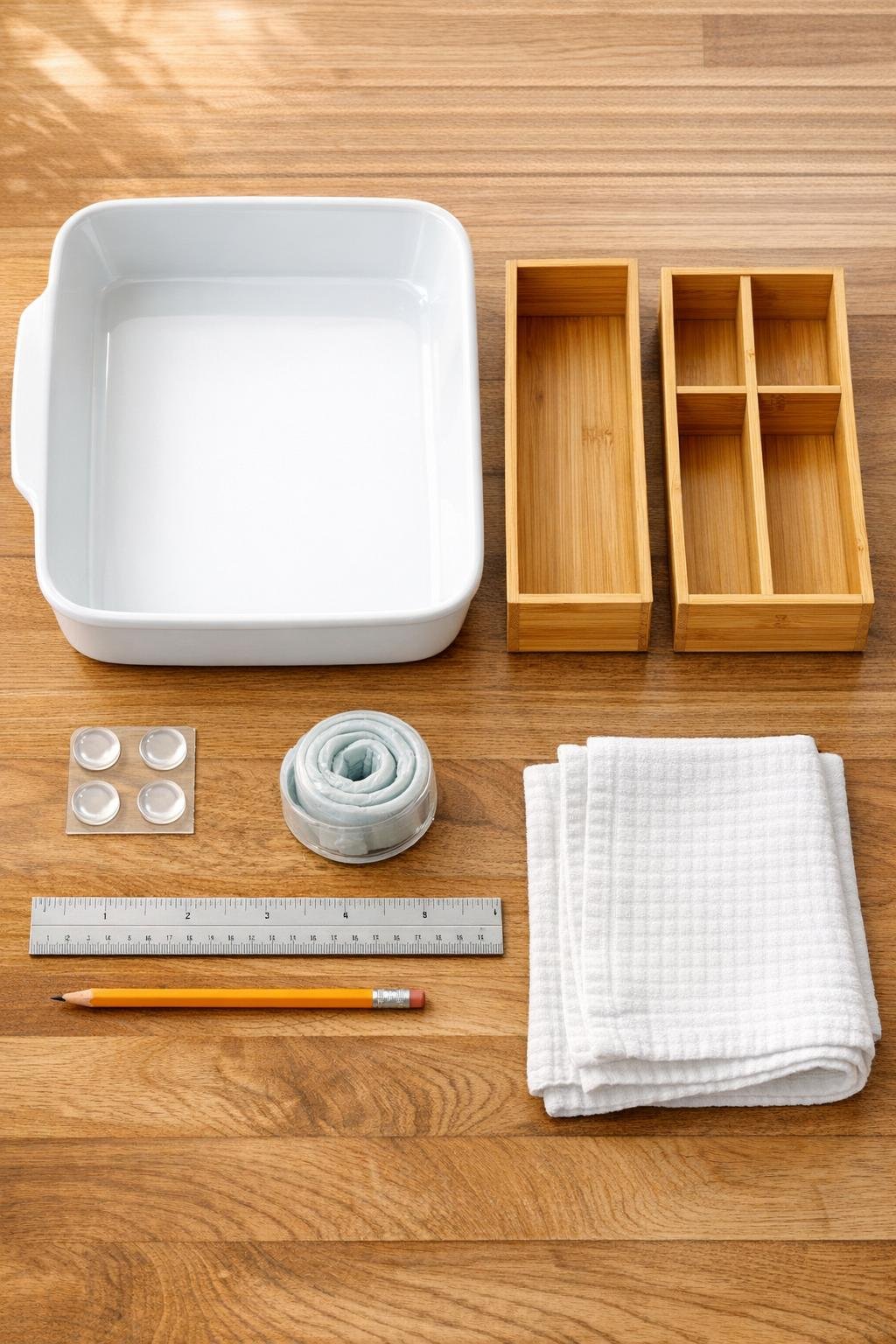 Materials for a bamboo organizer utensil divider laid out neatly