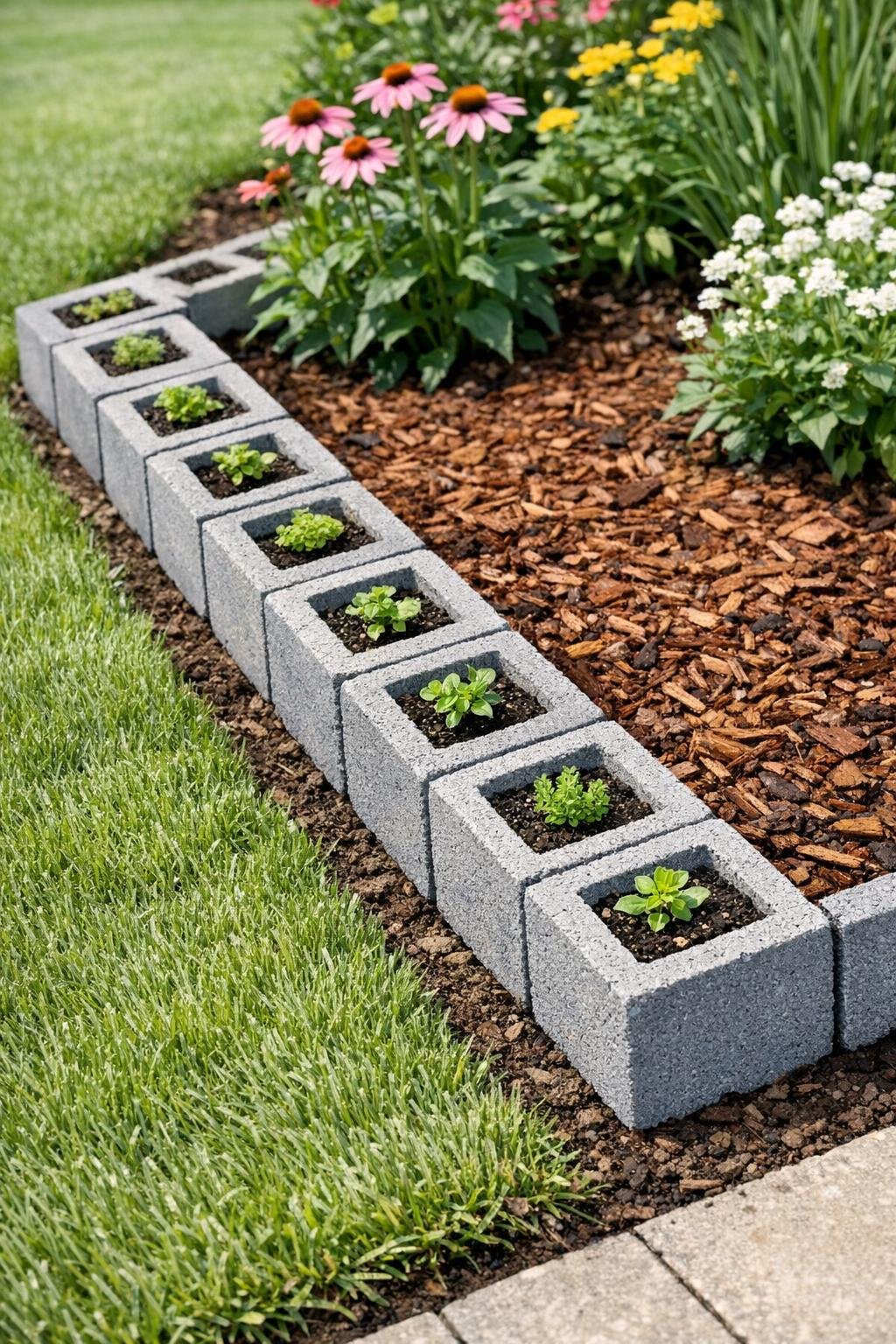 Finished cinder block garden bed edging with a clean, polished look