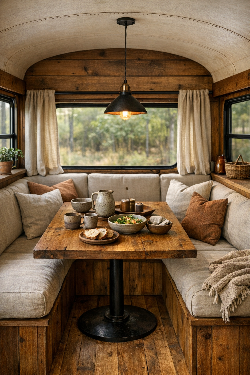 Cozy dining nook inside a converted bus with built-in banquette and wood table