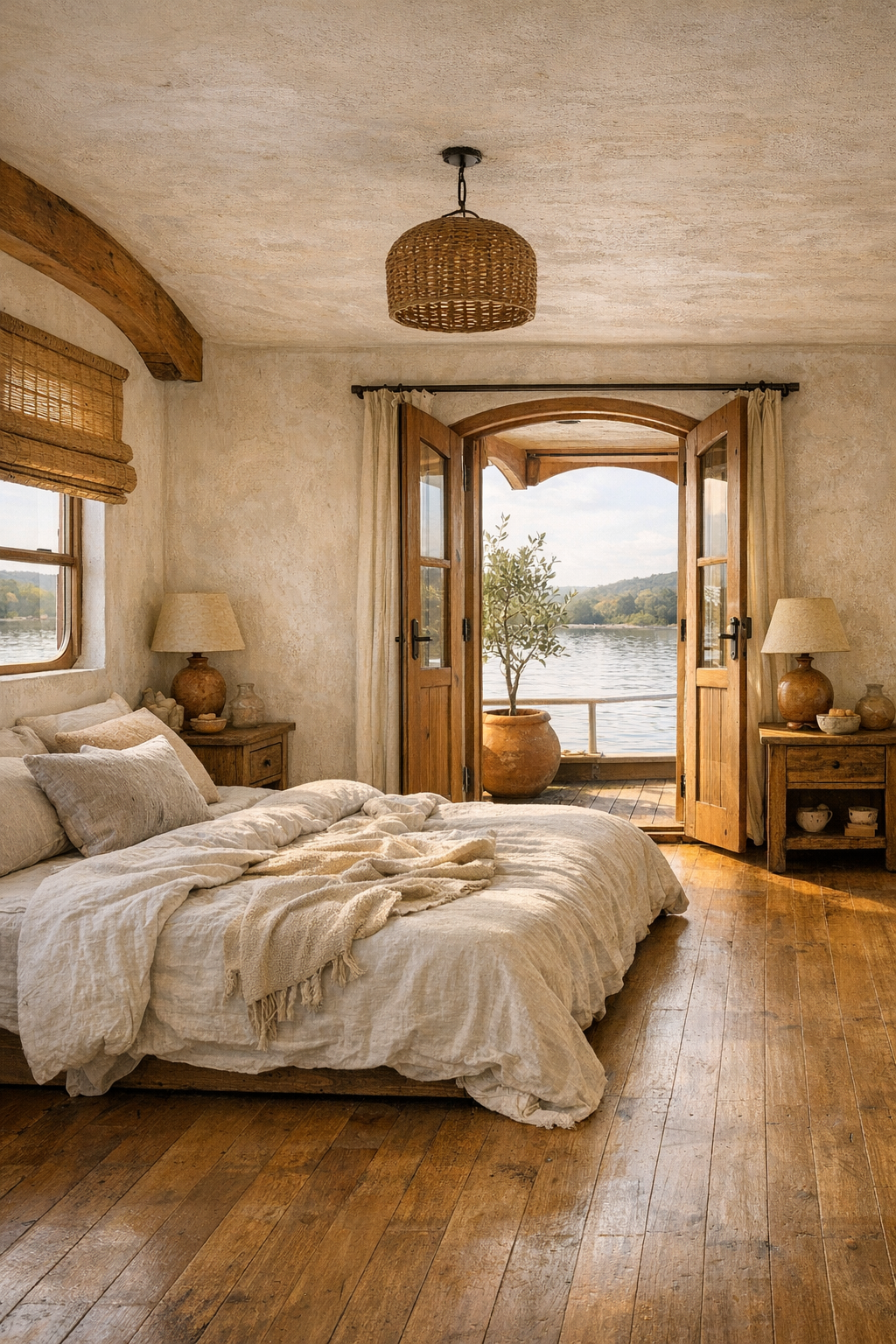 Serene Tuscan-style bedroom with cream plaster walls, layered linen bedding, and spacious barrier-free floor area