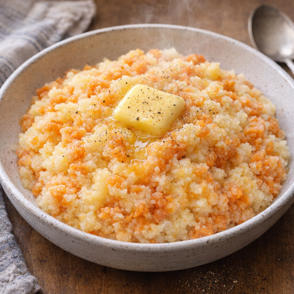 Bowl of carrot and potato mash with melting butter