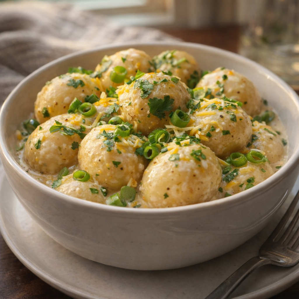 Bowl of fiesta potatoes topped with green onions and cilantro