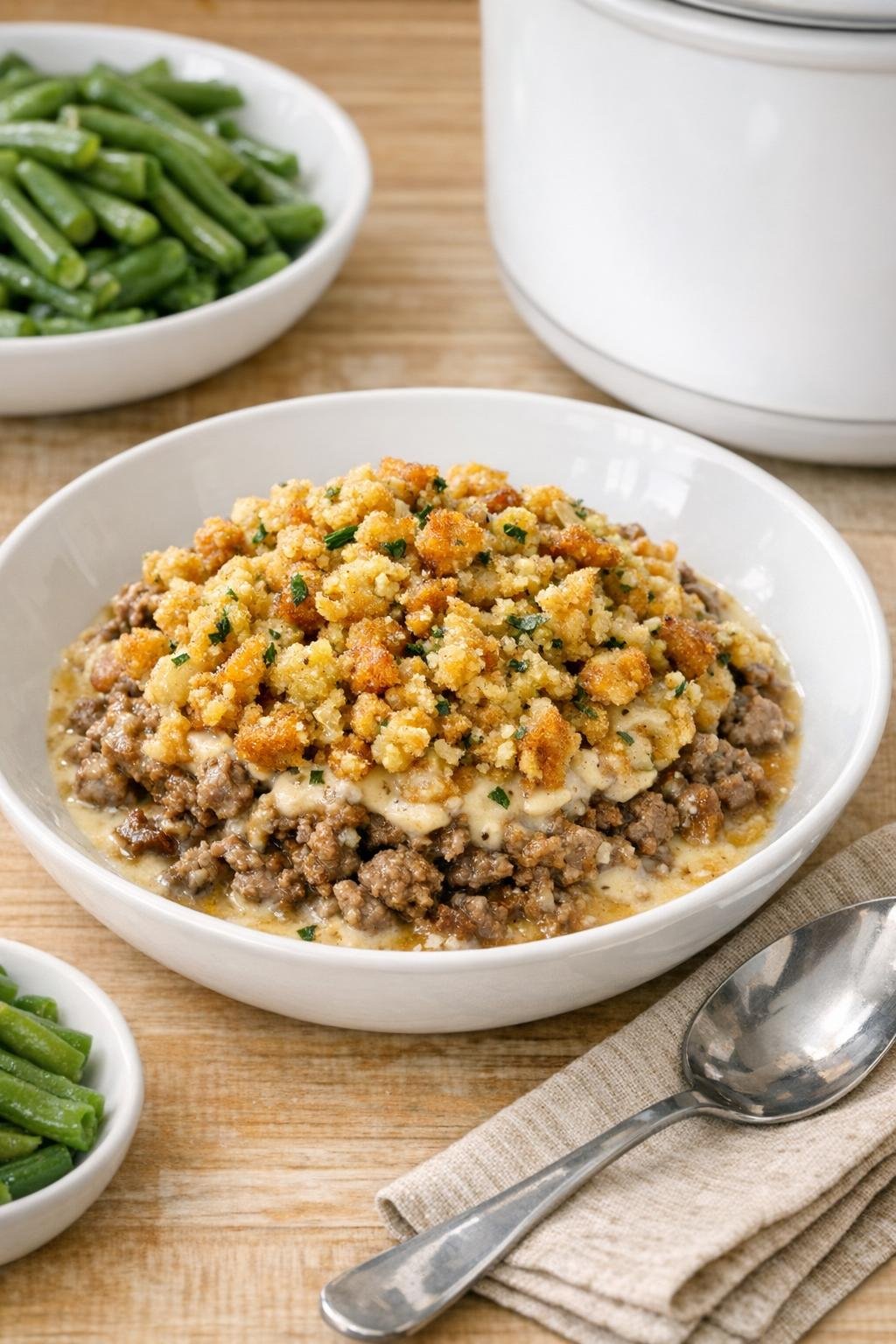 Finished slow cooker beef bake with golden stuffing topping